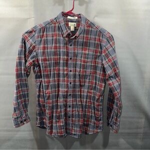 LL Bean Shirt Mens Sz L Tall Long Sleeve Gray & Red Plaid Flannel Shirt